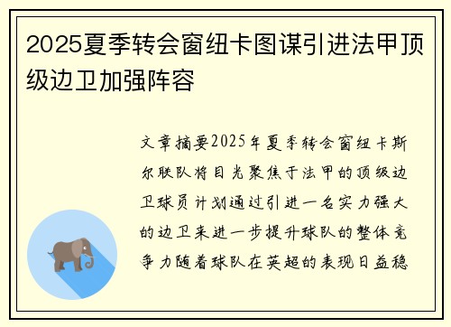 2025夏季转会窗纽卡图谋引进法甲顶级边卫加强阵容